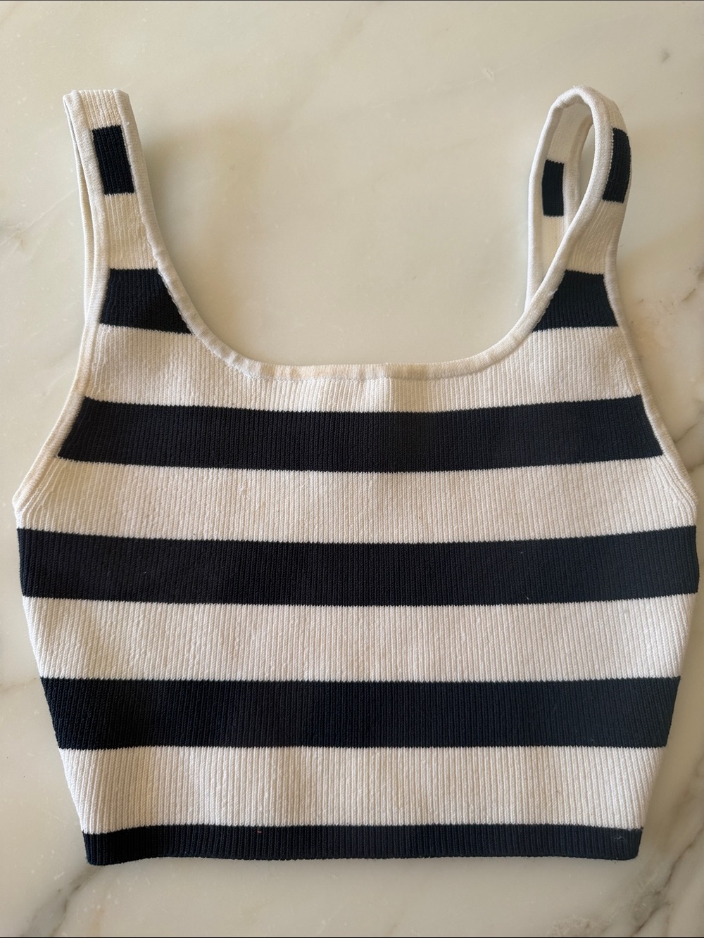 Aritzia Babaton Striped Navy and Cream Ribbed Cropped Tank